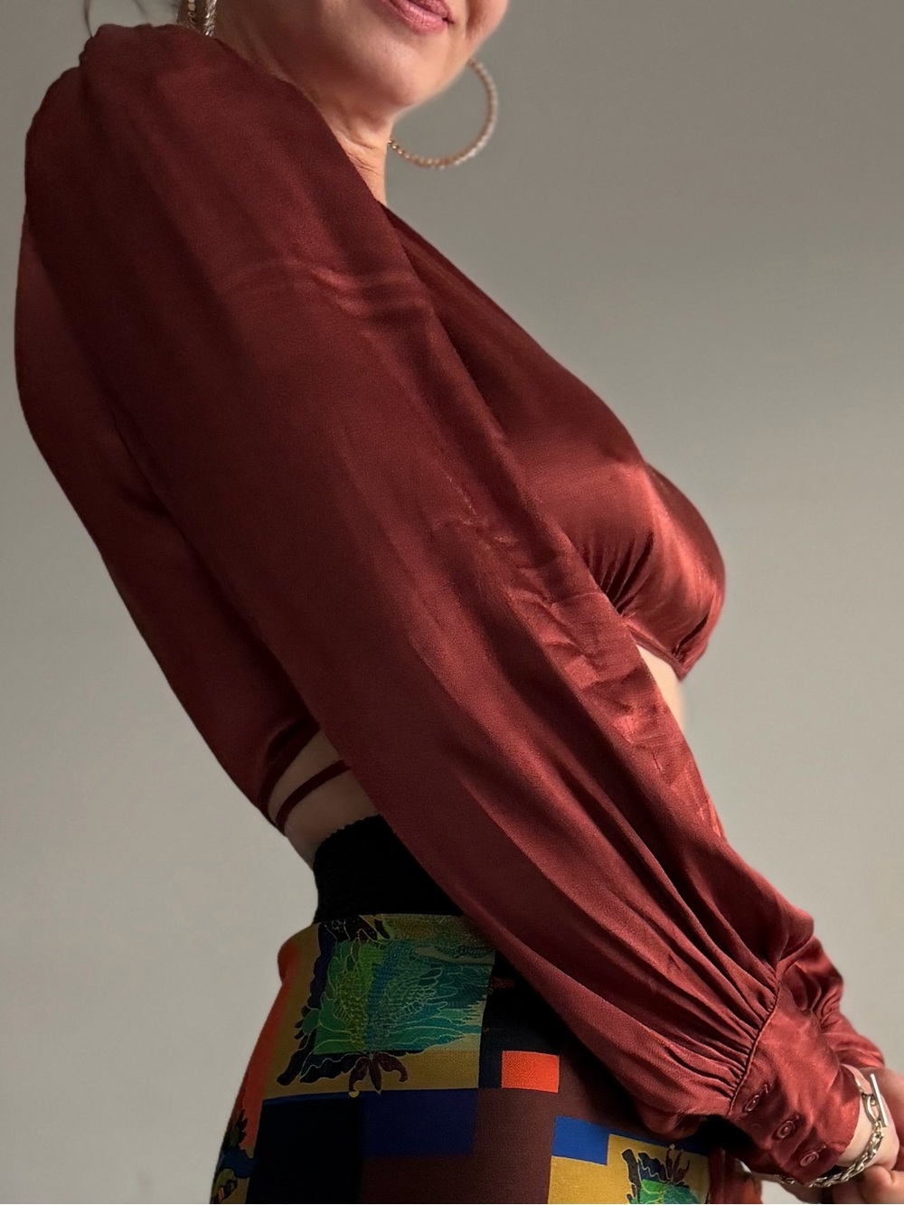 Satin Tie-Waist Crop Top in Burgundy